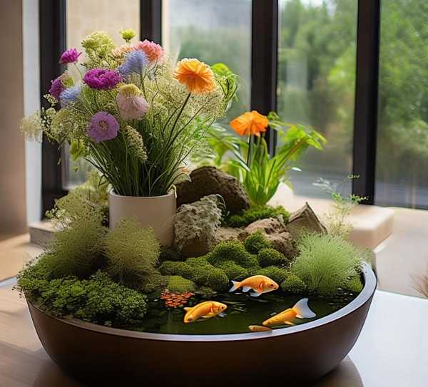 室内绿意盎然，鲜花盆景与金鱼共筑家居艺术新境界